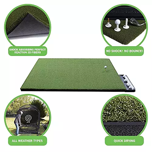 5x5 Golf Hitting Mat Bundle - Golf Stance Mat w/Golf Accessories (Golf Tray + 3 Rubber Golf Tees)