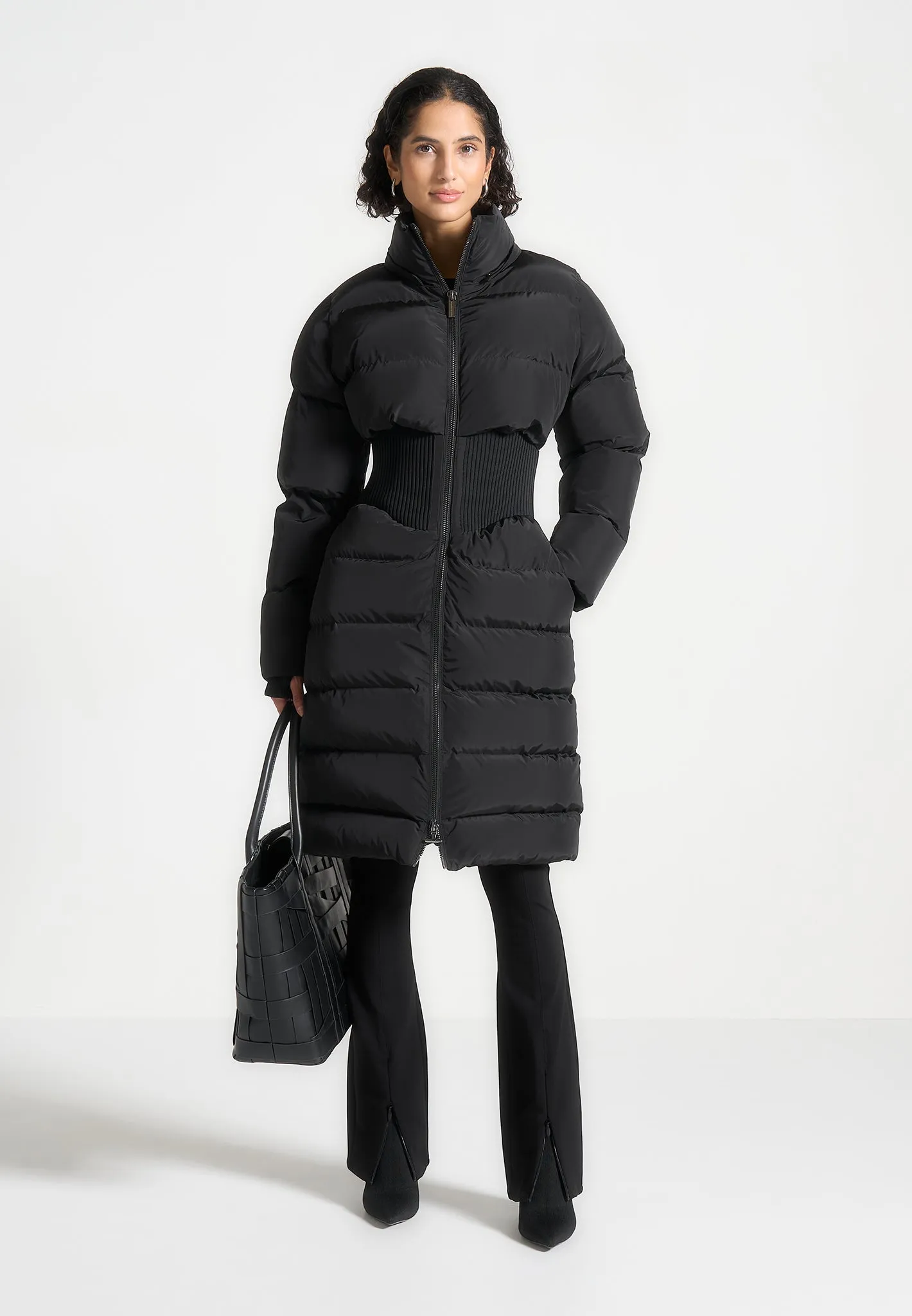 Corset Detail Longline Puffer Coat - Black