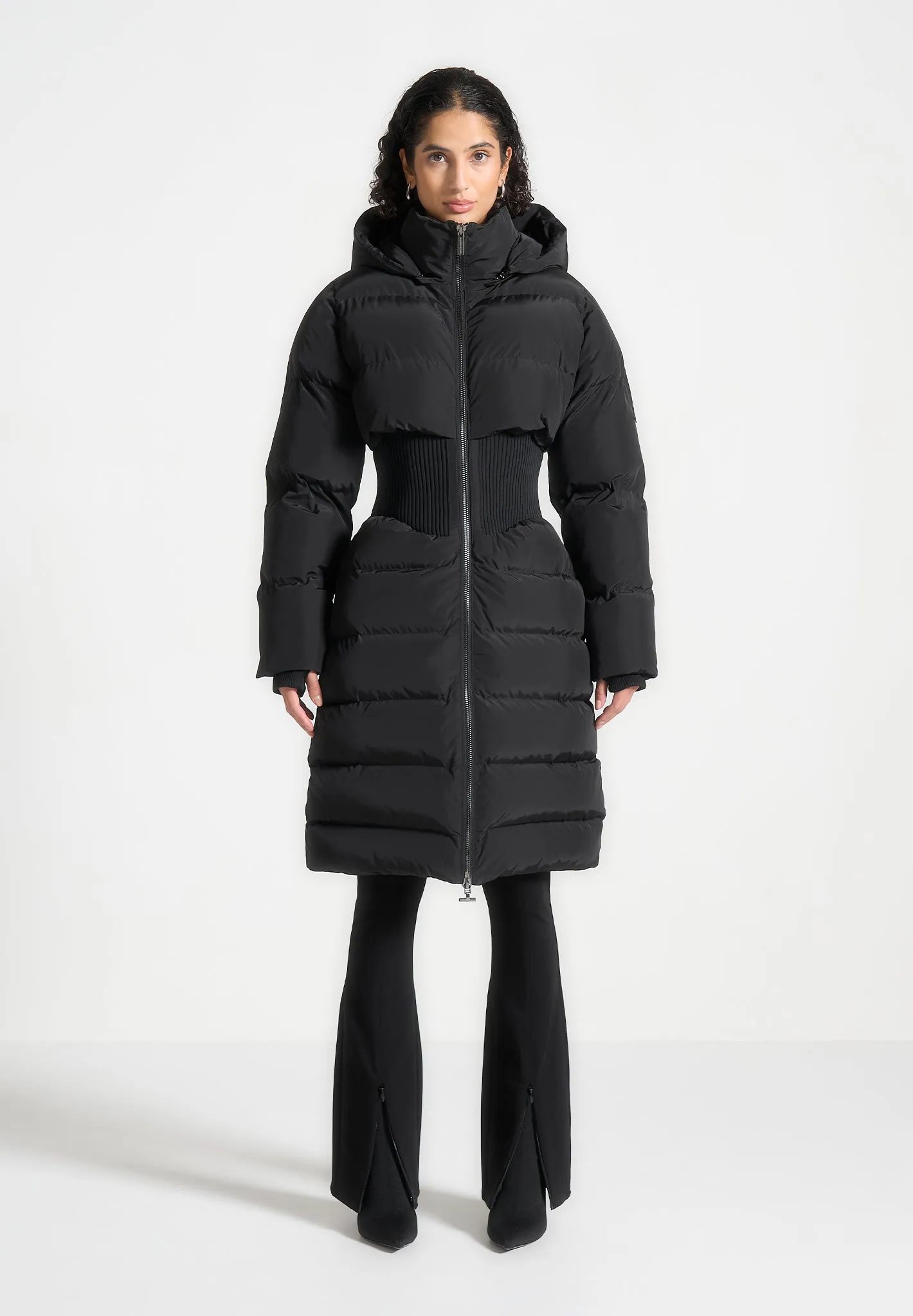 Corset Detail Longline Puffer Coat - Black