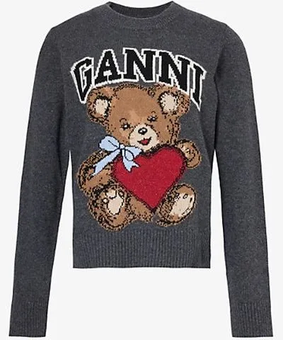 Ganni Womens Gray Quill Bear-graphic round-neck recycled wool-blend jumper