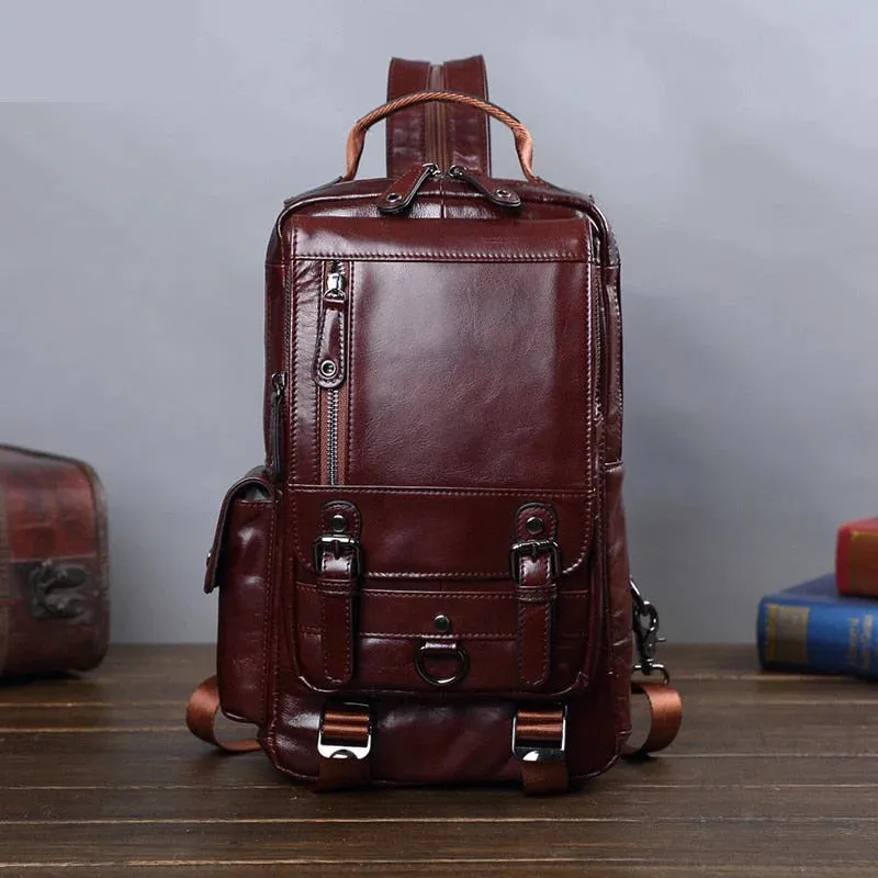 Genuine Leather Men Small Casual Shoulder Vintage Small Backpacks