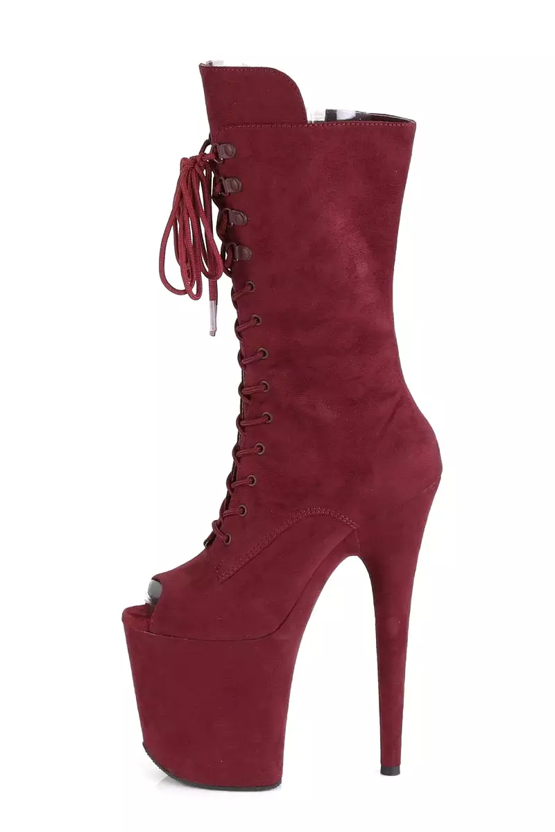 Pleaser USA Flamingo-1051FS Faux Suede 8inch Peep Toe Pleaser Boots - Burgundy