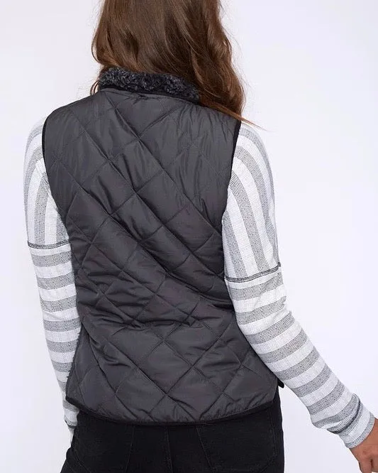 Reversible Sherpa Fleece Lined Quilted Puffer Vest - Black/Charcoal