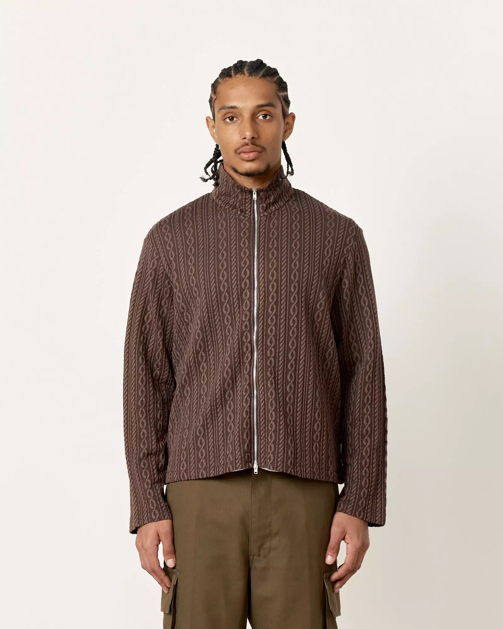 Shrunken Full Zip Polo in Indulgent Choco Cable Jacquard