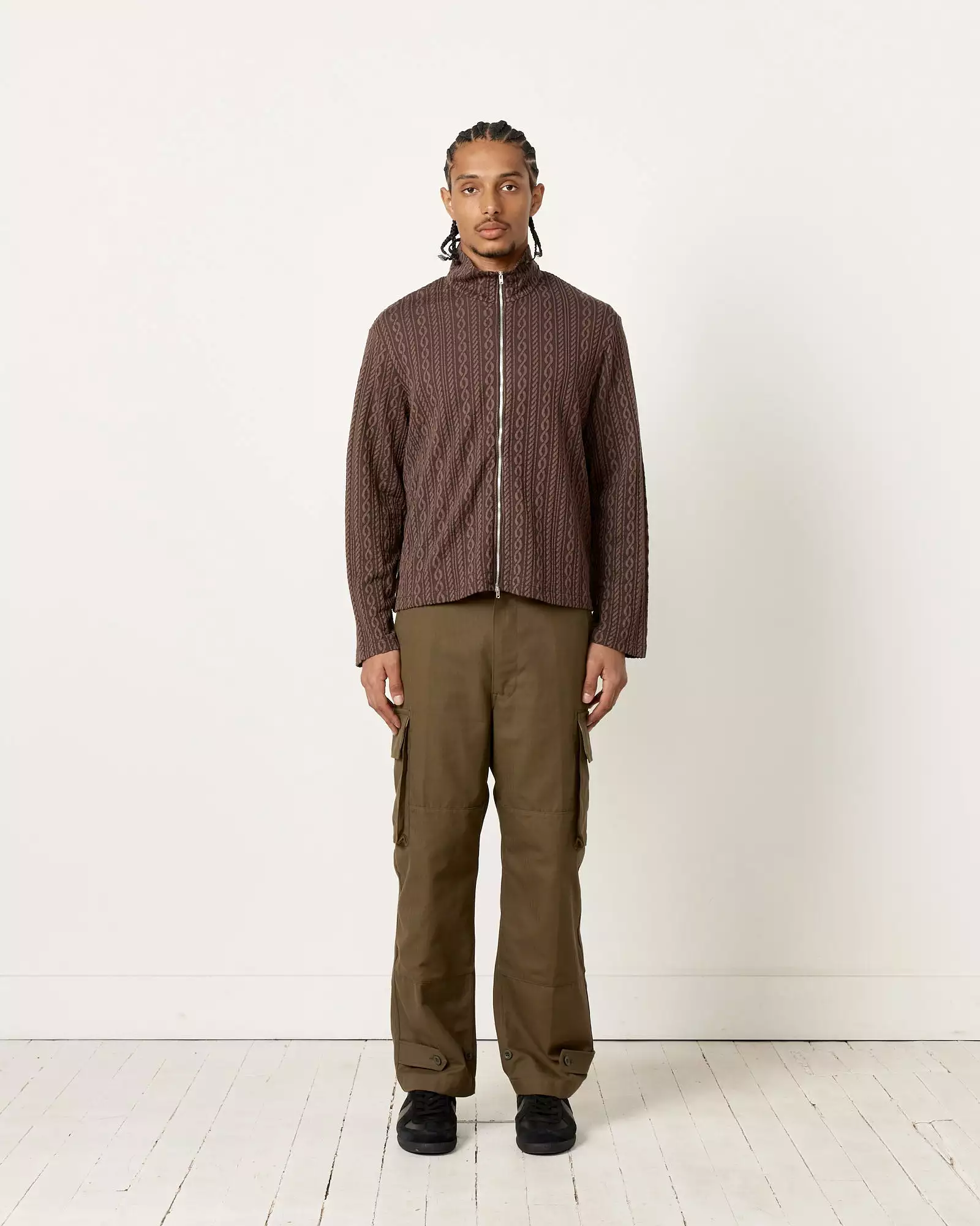 Shrunken Full Zip Polo in Indulgent Choco Cable Jacquard