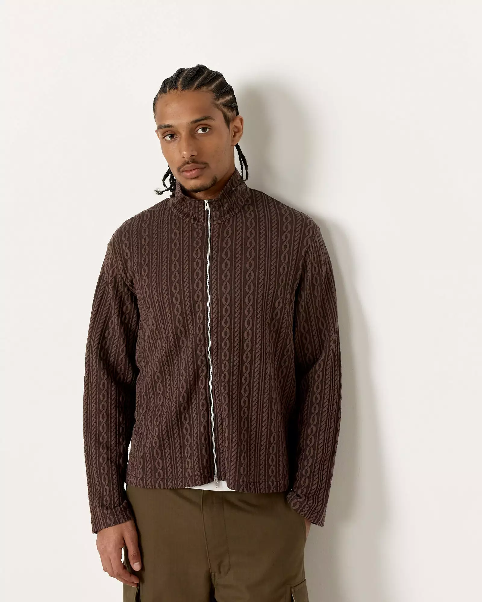 Shrunken Full Zip Polo in Indulgent Choco Cable Jacquard