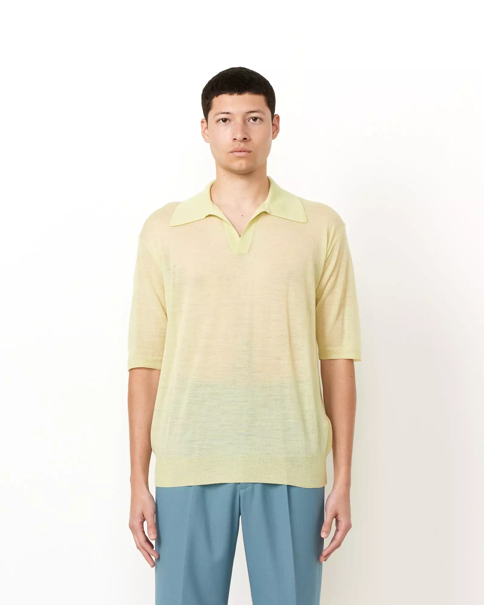 Silk Knit Skipper Polo in Lime Yellow