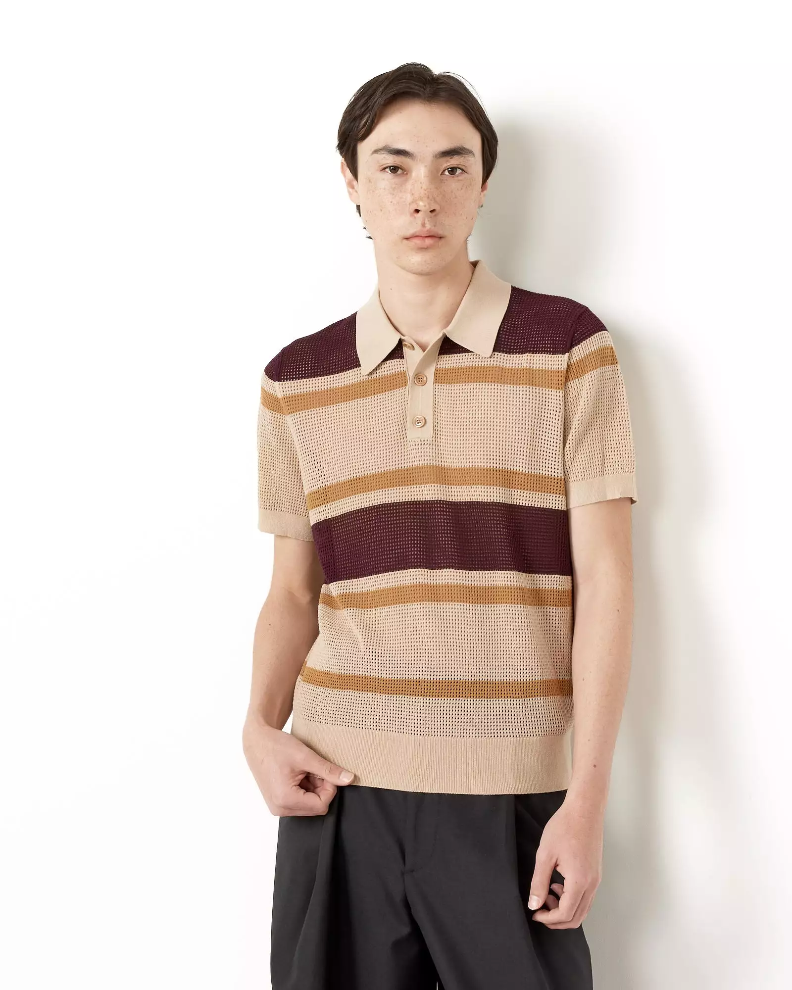 Striped Spread Collar Polo in Beige