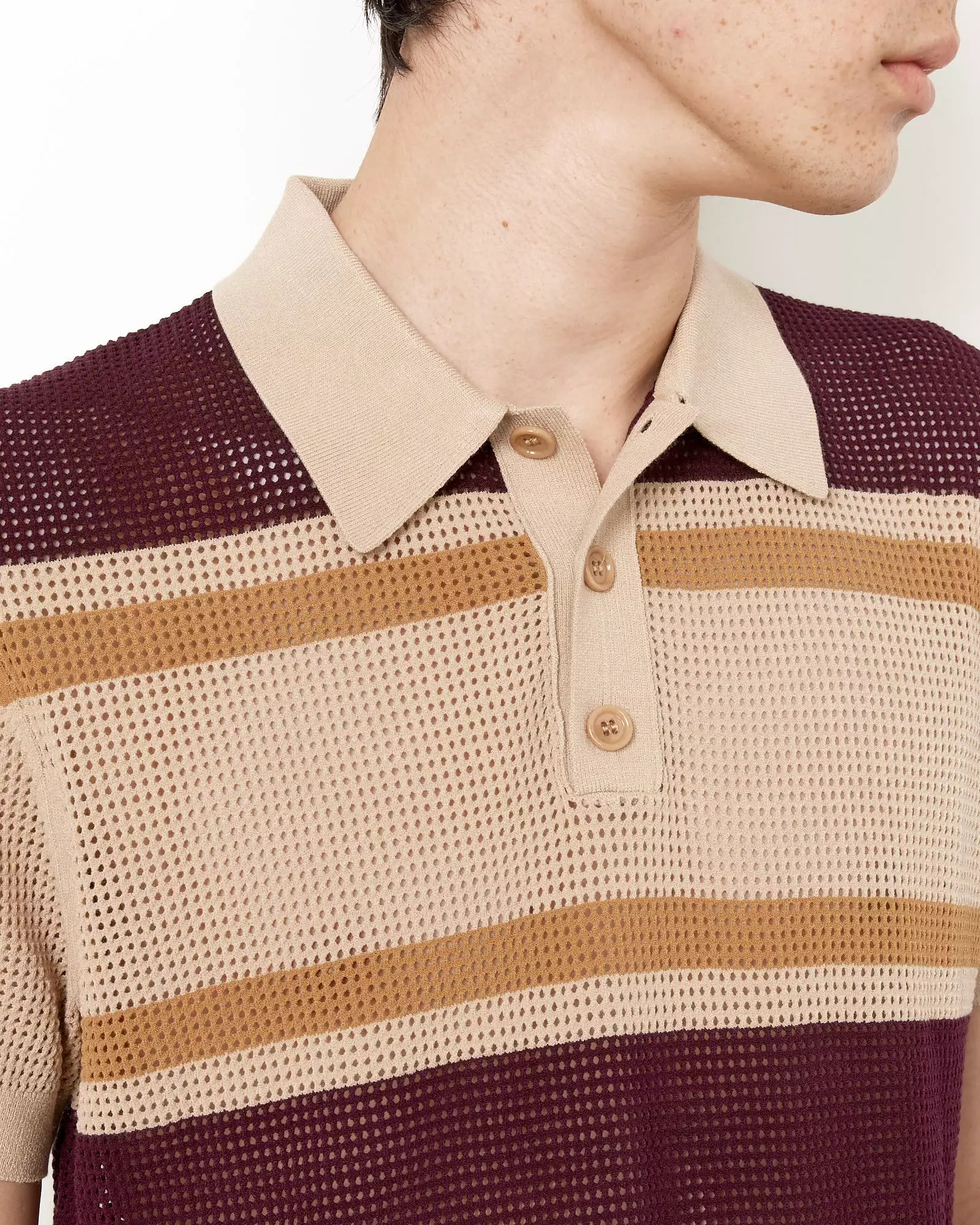 Striped Spread Collar Polo in Beige