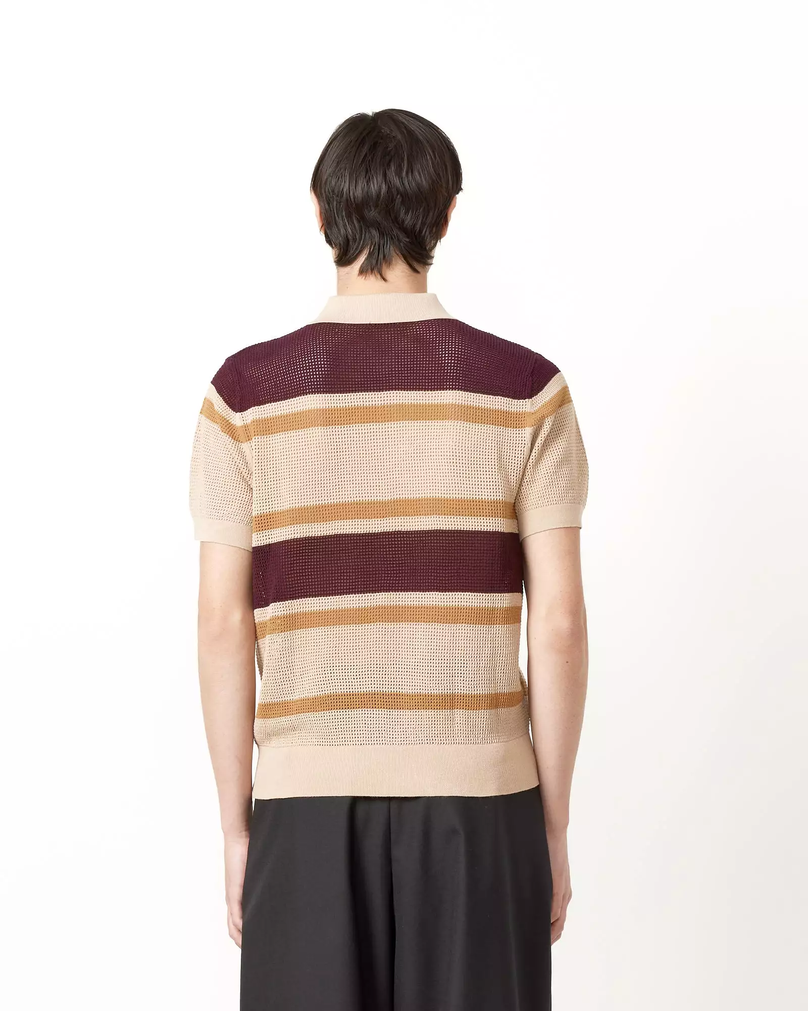 Striped Spread Collar Polo in Beige